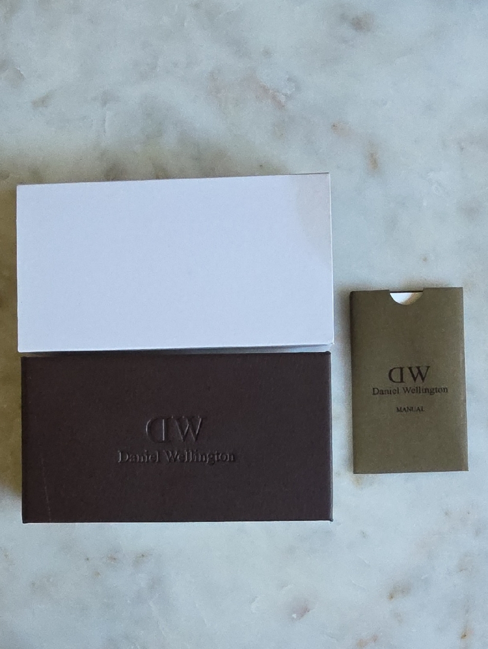 Daniel Wellington Brown Embossed Box with White Sleeve and Olive Manual